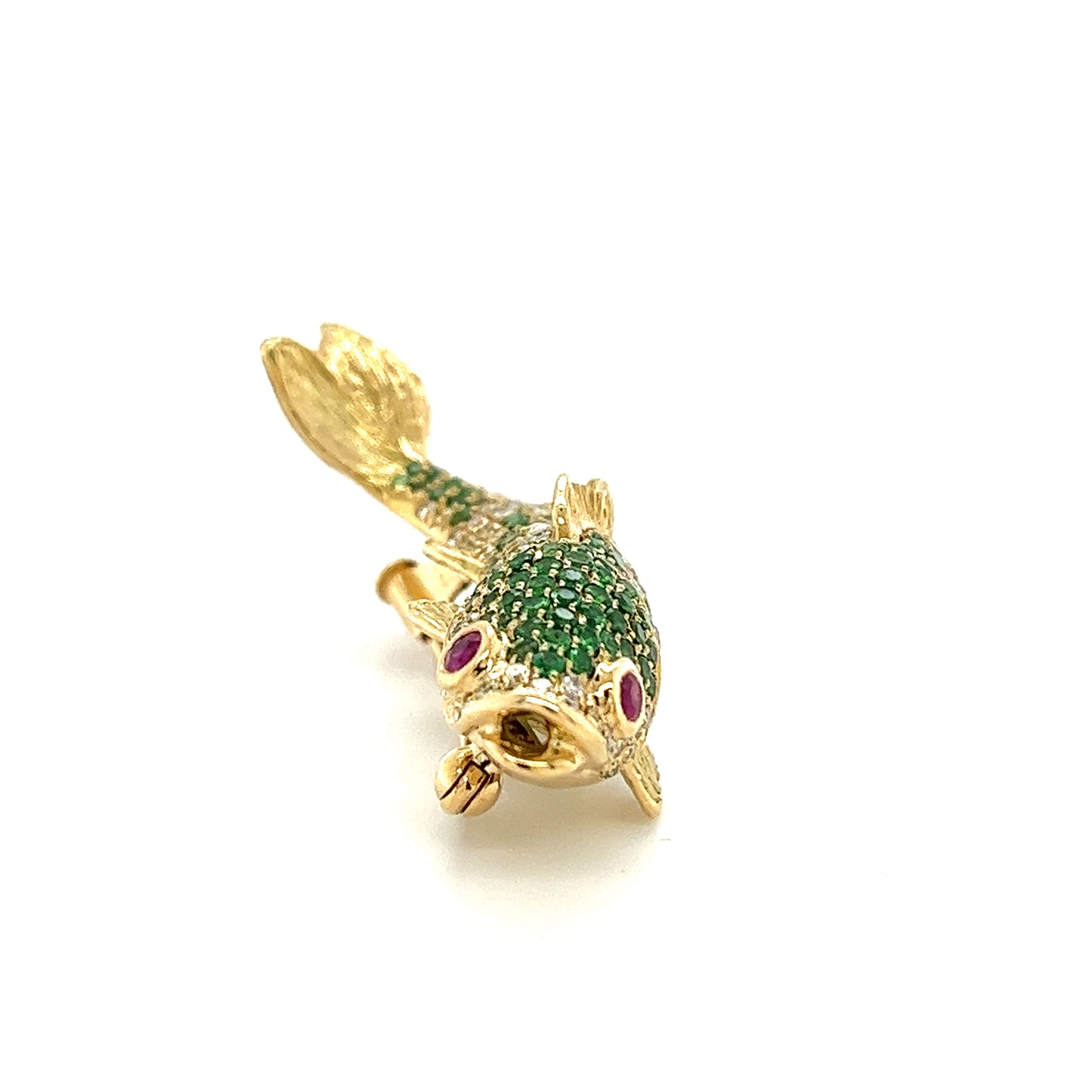 18K Gold Fish Brooch with Diamonds Green Garnets and Rubies