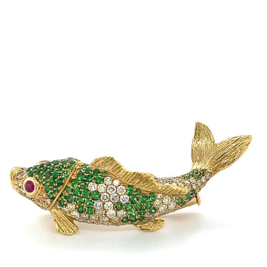18K Gold Fish Brooch with Diamonds Green Garnets and Rubies