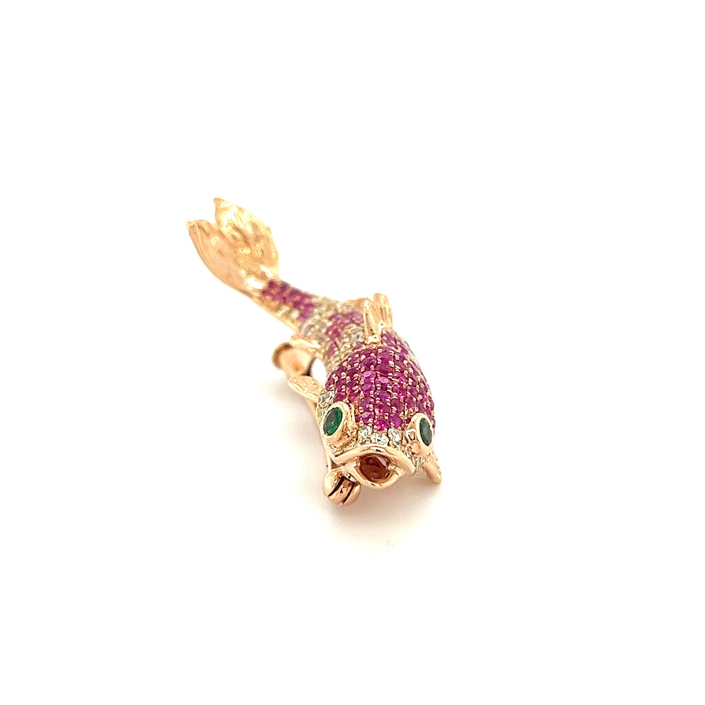 18K Gold Fish Brooch with Diamonds Pink Sapphires and Rubies