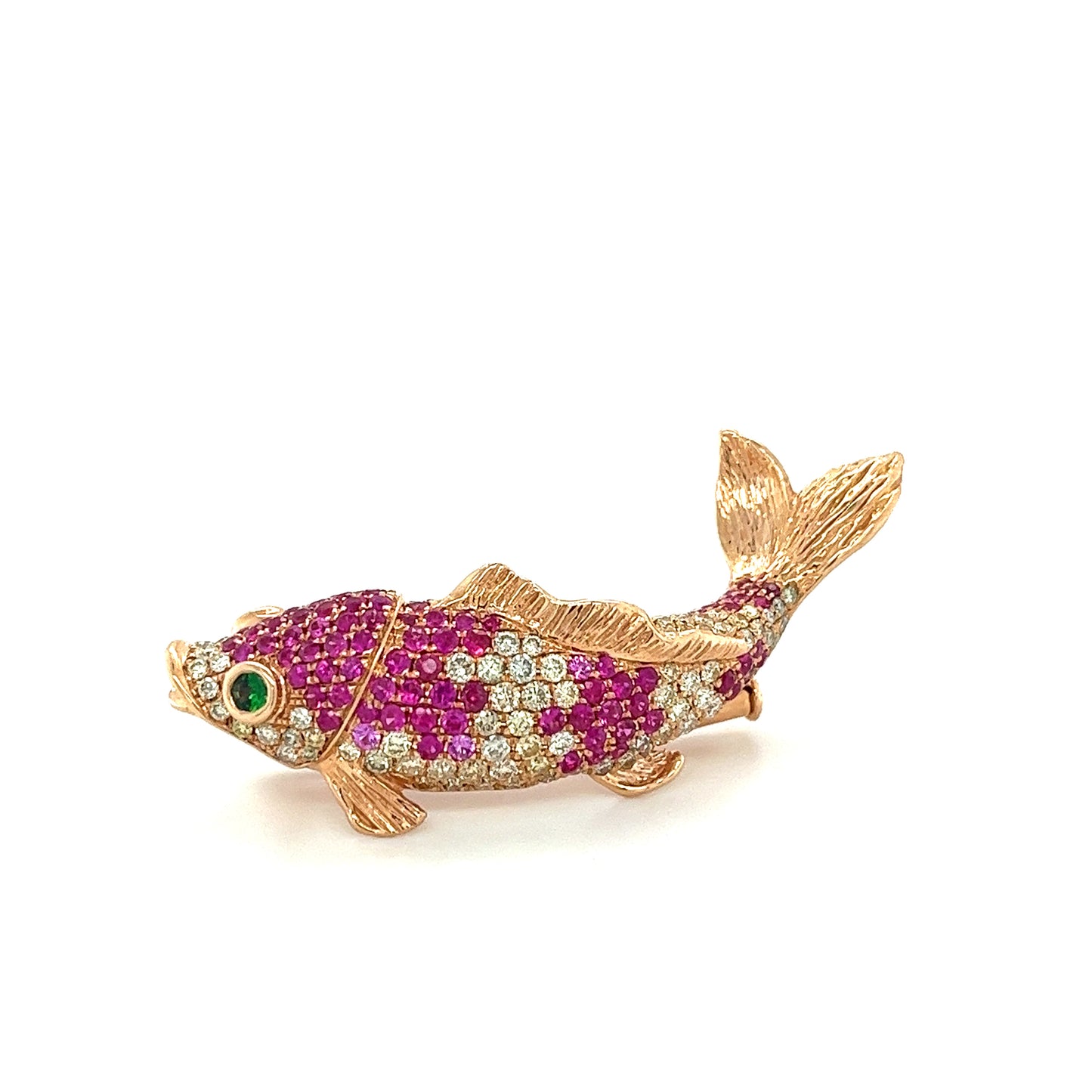 18K Gold Fish Brooch with Diamonds Pink Sapphires and Rubies