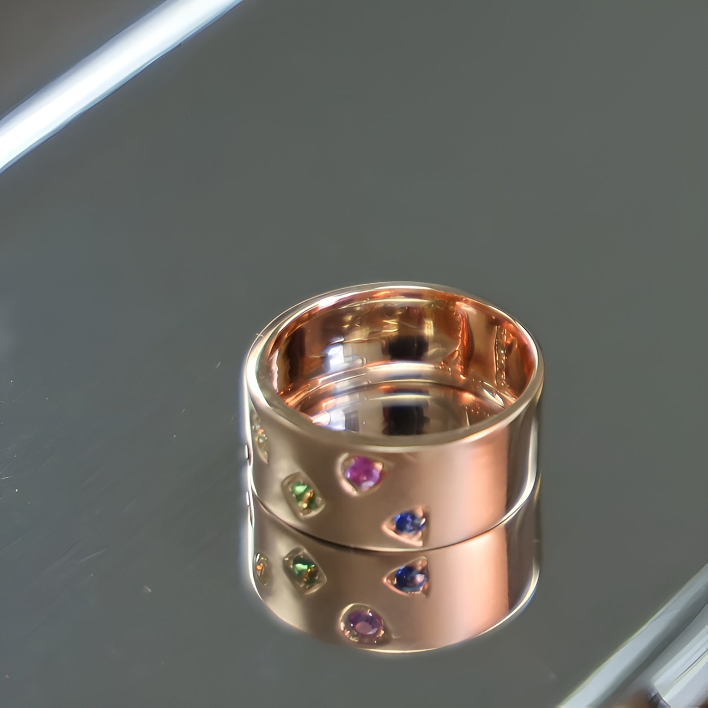 18K Rose Gold Ring with Multi-Color Gemstones and Diamonds