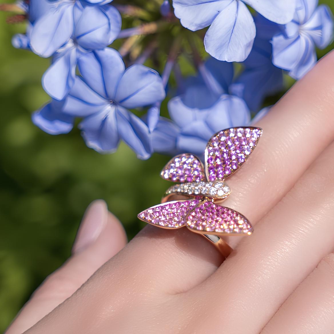18K玫瑰金蝴蝶造型藍寶石鑽石戒指