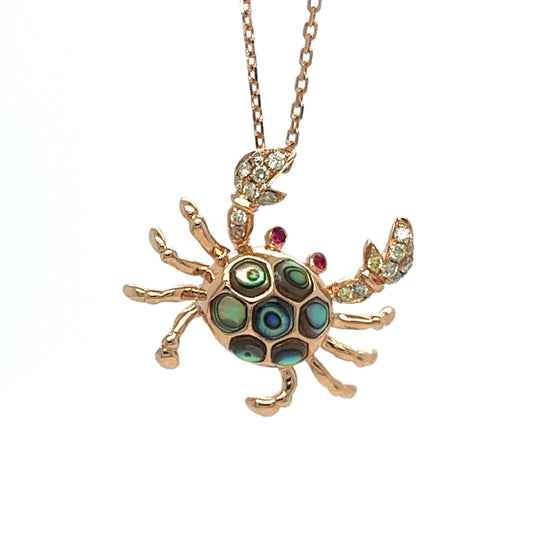 18K Rose Gold Crab Necklace with Abalone Shell Rubies and Diamonds