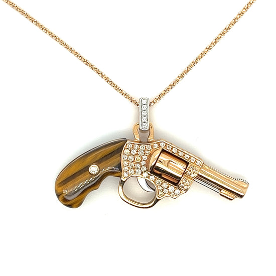 18K Rose Gold Tiger Eye Stone Gun Necklace with Diamonds