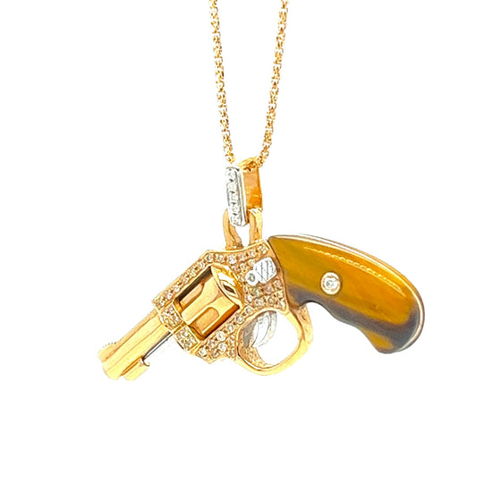 18K Rose Gold Tiger Eye Stone Gun Necklace with Diamonds
