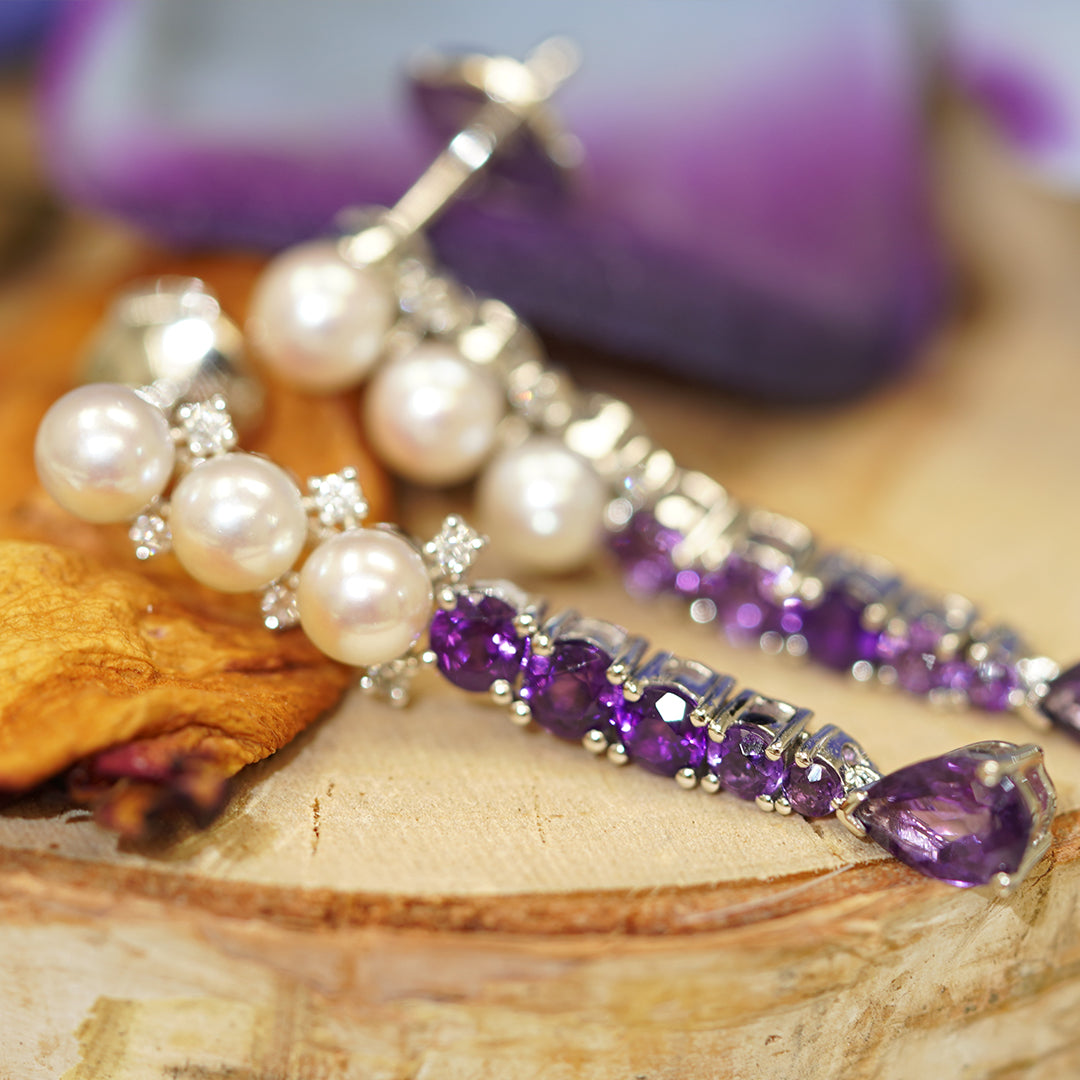 THIALH - 瑰寶系列 - 18k白金紫晶AKOYA珍珠鑽石耳環