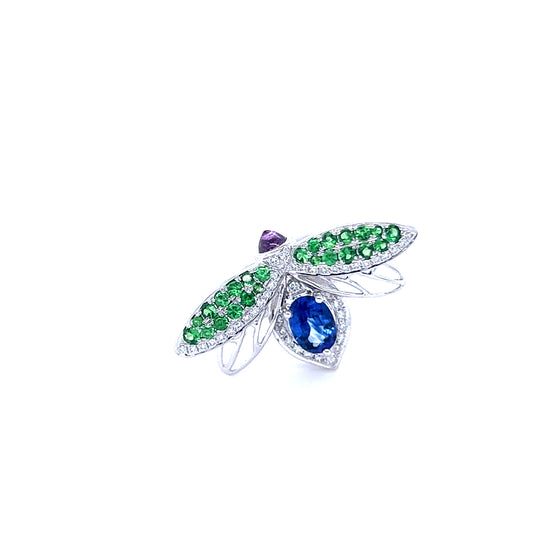 18K白金螢火蟲造型綠色石榴石藍寶石鑽石戒指