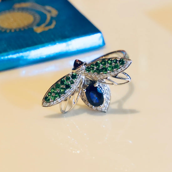 18K Gold Firefly Ring with Diamonds Green Garnets and Sapphire