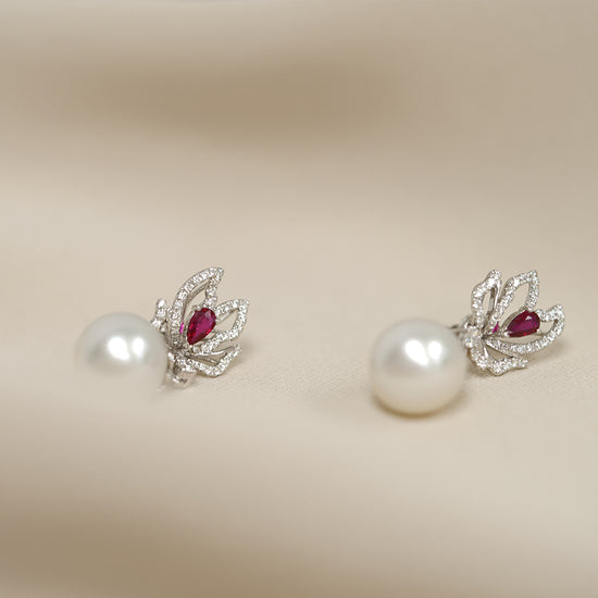 THIALH - 花園系列 - 18K白金珍珠紅寶石鑽石耳環
