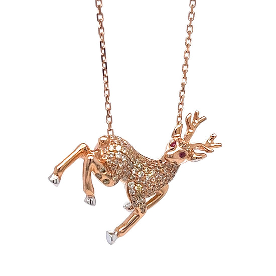 18K Rose Gold Moose Pendant with Diamonds & Rubies