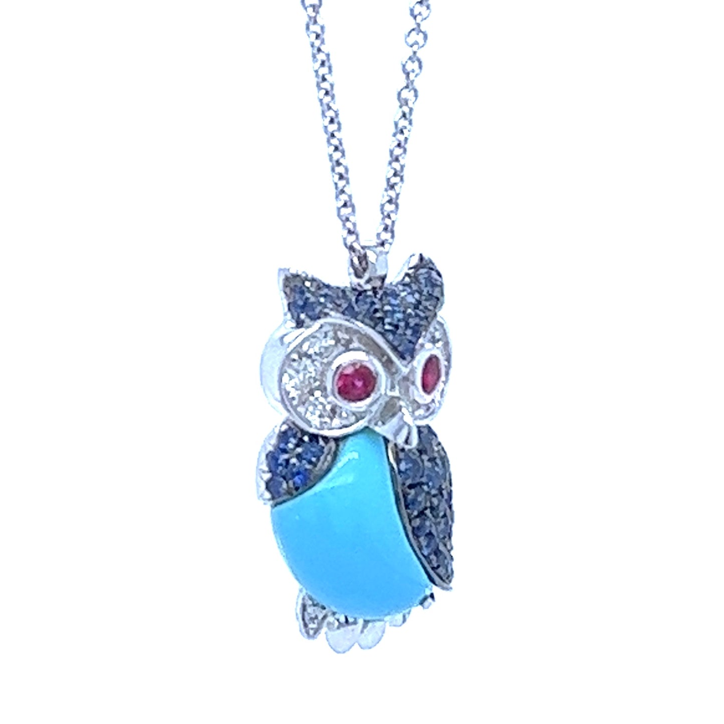 18K White Gold Turquoise Owl Pendant with Diamonds & Blue Sapphires