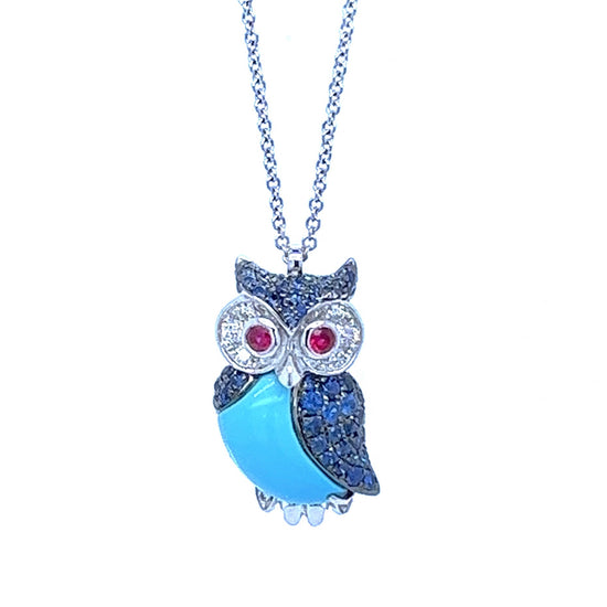 18K White Gold Turquoise Owl Pendant with Diamonds & Blue Sapphires