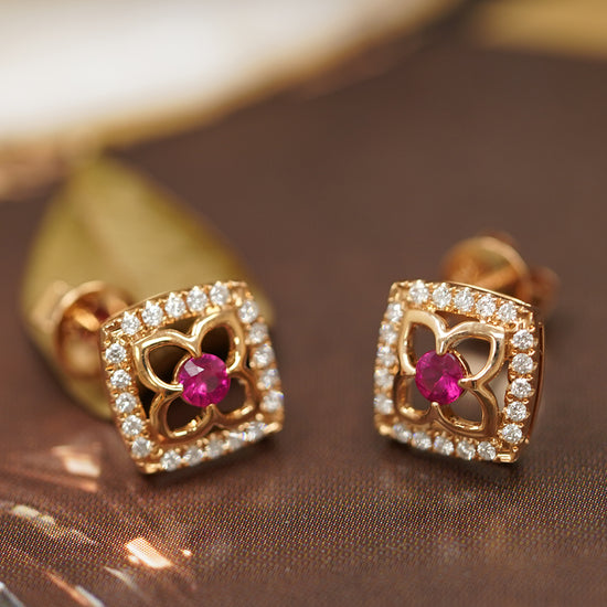 THIALH - 瑰寶系列 - 18k玫瑰金紅寶石鑽石耳環