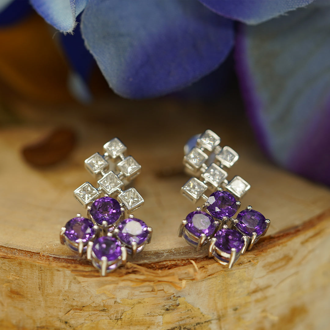 LEGACY- 18K White Gold Purple quartz and Diamonds Drop Earrings