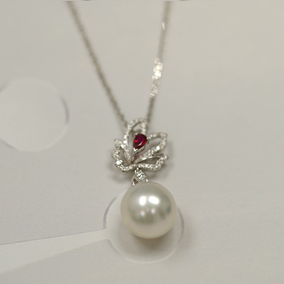 THIALH - 花園系列 - 18K白金珍珠紅寶石鑽石項鍊