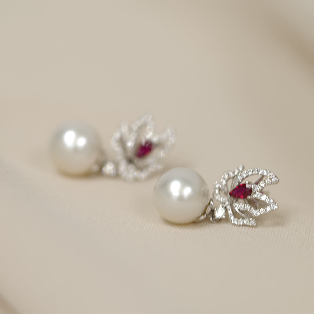 THIALH - 花園系列 - 18K白金珍珠紅寶石鑽石耳環