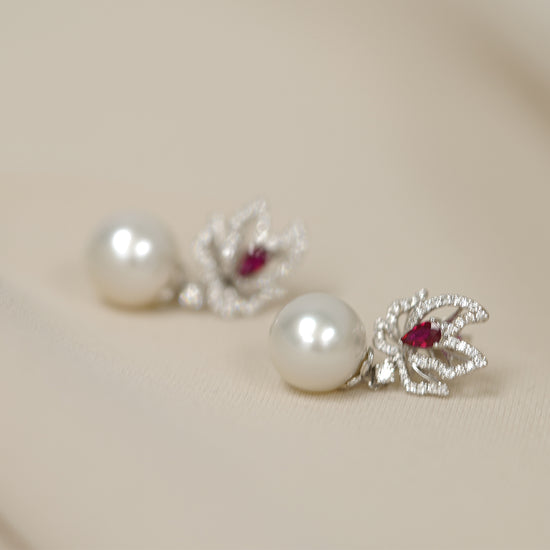 花園系列-18K白金珍珠紅寶石鑽石耳環