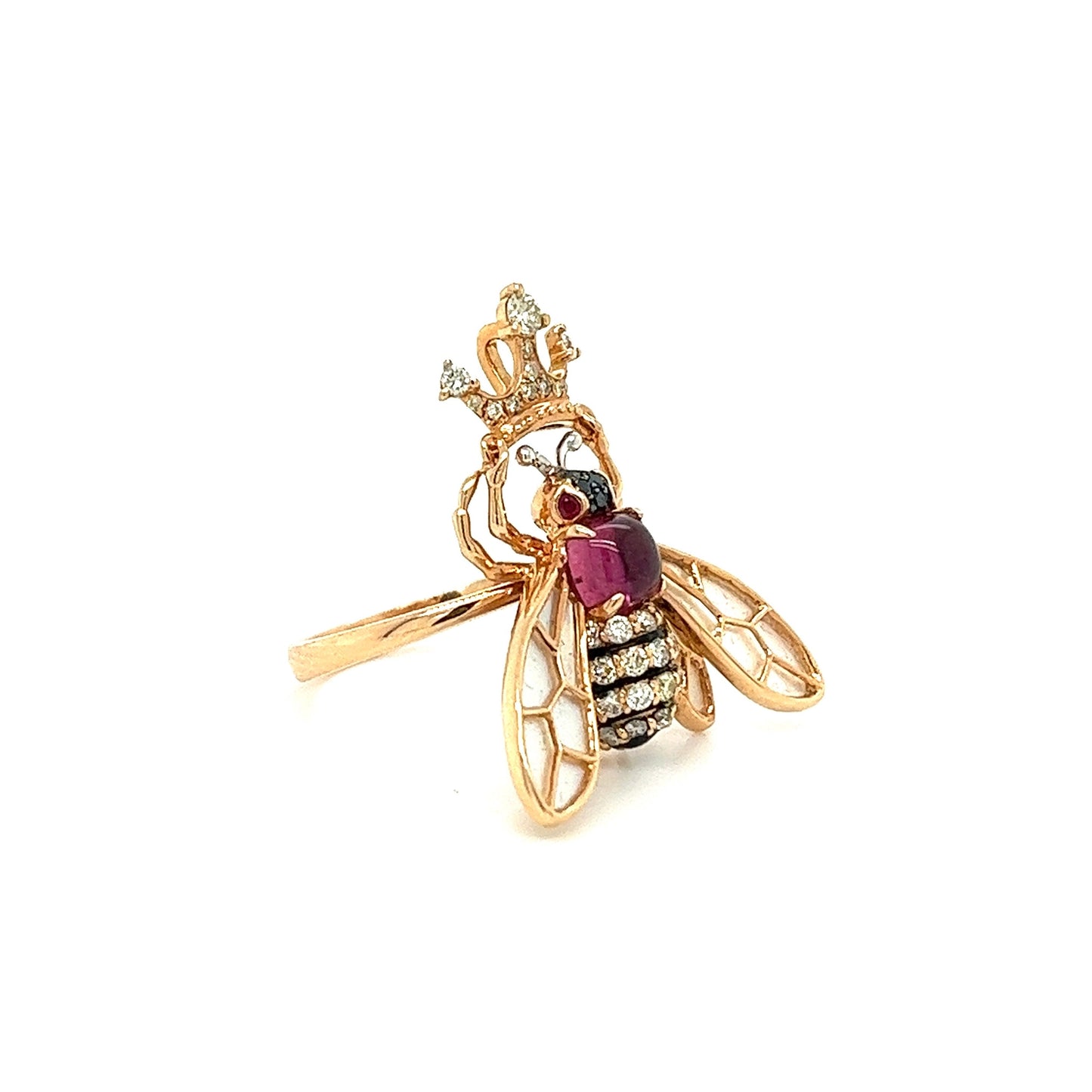 18K玫瑰金蜜蜂造型鑽石碧璽珍珠母戒指