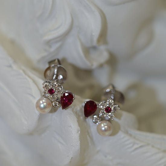 THIALH - 花園系列 -18K白金Akoya珍珠紅寶石鑽石耳環