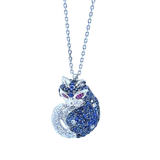 18K White Gold Blue Sapphire Fox Pendant with Diamonds
