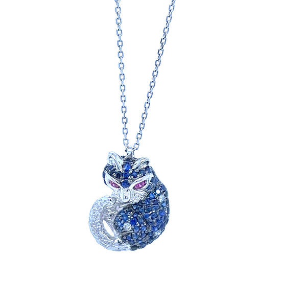 18K White Gold Blue Sapphire Fox Pendant with Diamonds