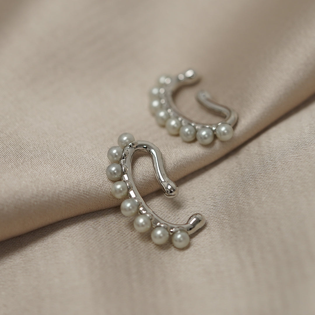Beau- 白金色鉤形珍珠耳環