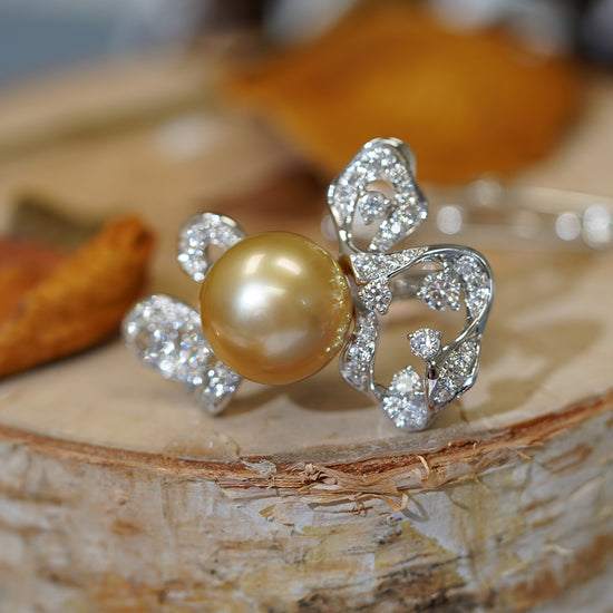 THIALH - 光影系列 - 18K白金南洋金珠鑽石戒指胸針兩用