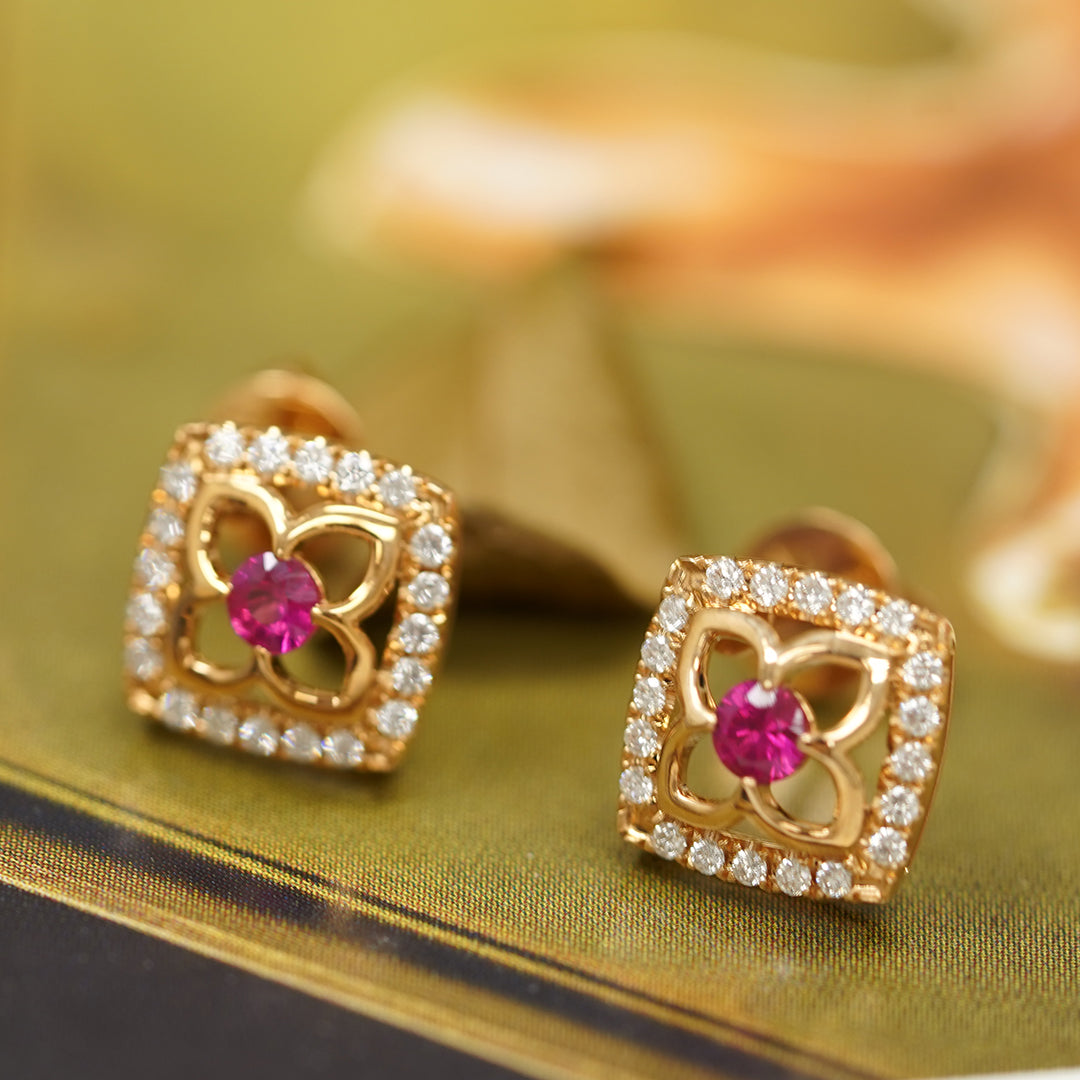 THIALH - 瑰寶系列 - 18k玫瑰金紅寶石鑽石耳環