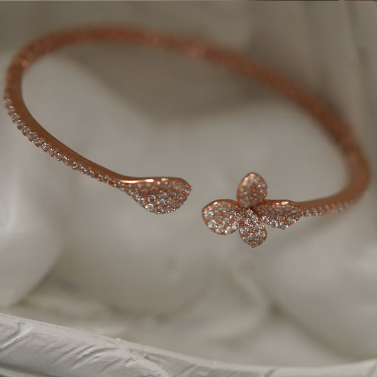 Nature - Pink Color Silver Cubic Zirconia Flower Bangle
