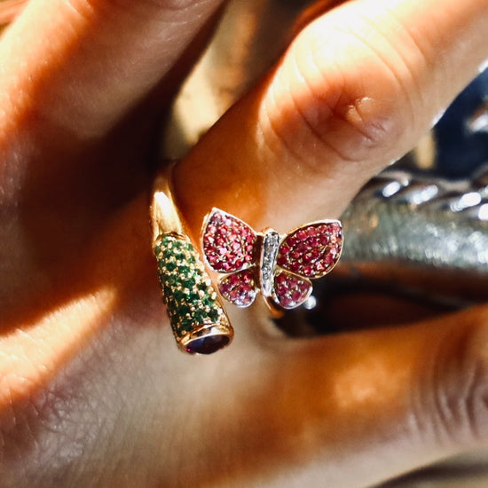 18K Gold Butterfly Flower Diamond Ring with Pink Sapphires and Tourmaline