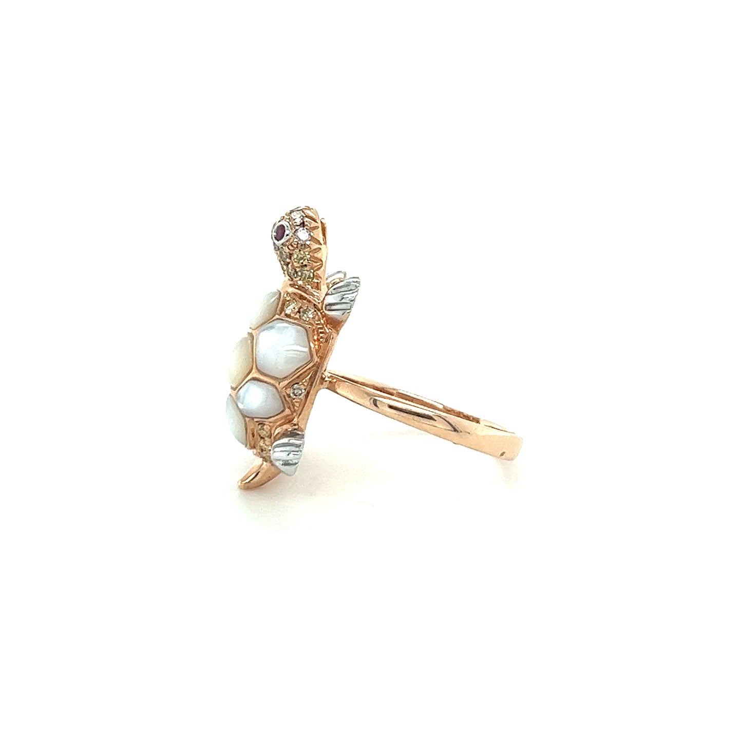 18K Rose Gold Turtle White Shell Ring with Diamonds