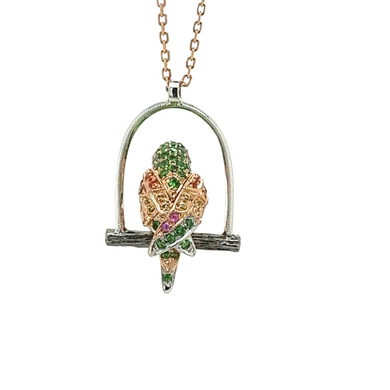18K Gold Parrot Necklace with Diamonds Rubies Sapphires