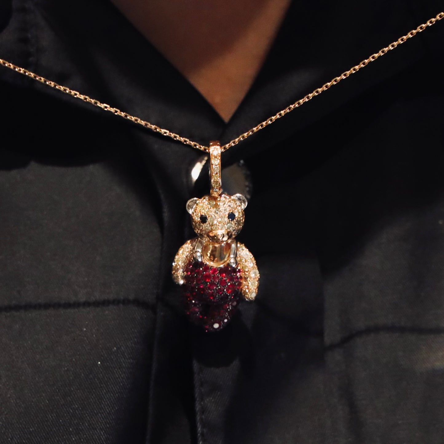 18K Gold Bear Necklace with Diamonds and Rubies