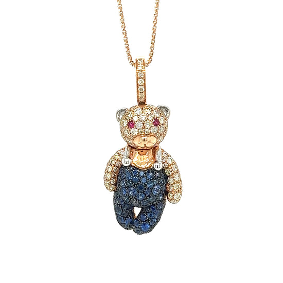 18K Gold Bear Necklace with Diamonds and Blue Sapphires