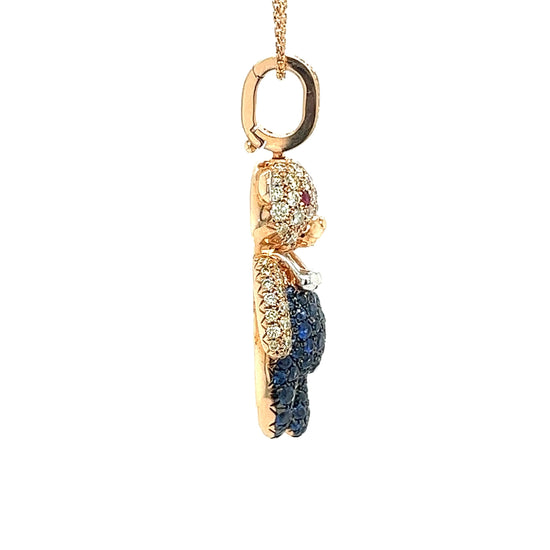 18K Gold Bear Necklace with Diamonds and Blue Sapphires