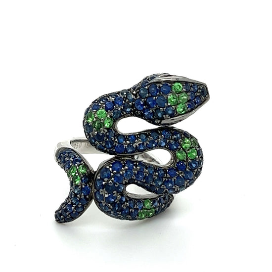 18K White Gold Snake Ring with Diamonds Rubies Sapphires
