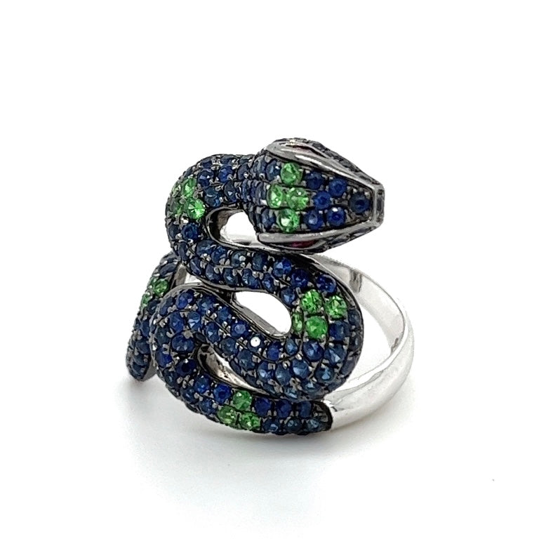18K白金蛇型藍寶石綠色石榴石紅寶石戒指
