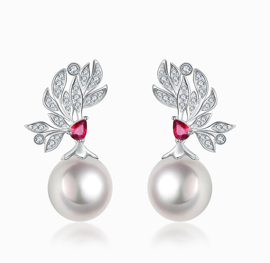 THIALH - FAUNA & FLORA - Ruby and White Diamond Pearl Earrings + Sliver Earrings & Brooch