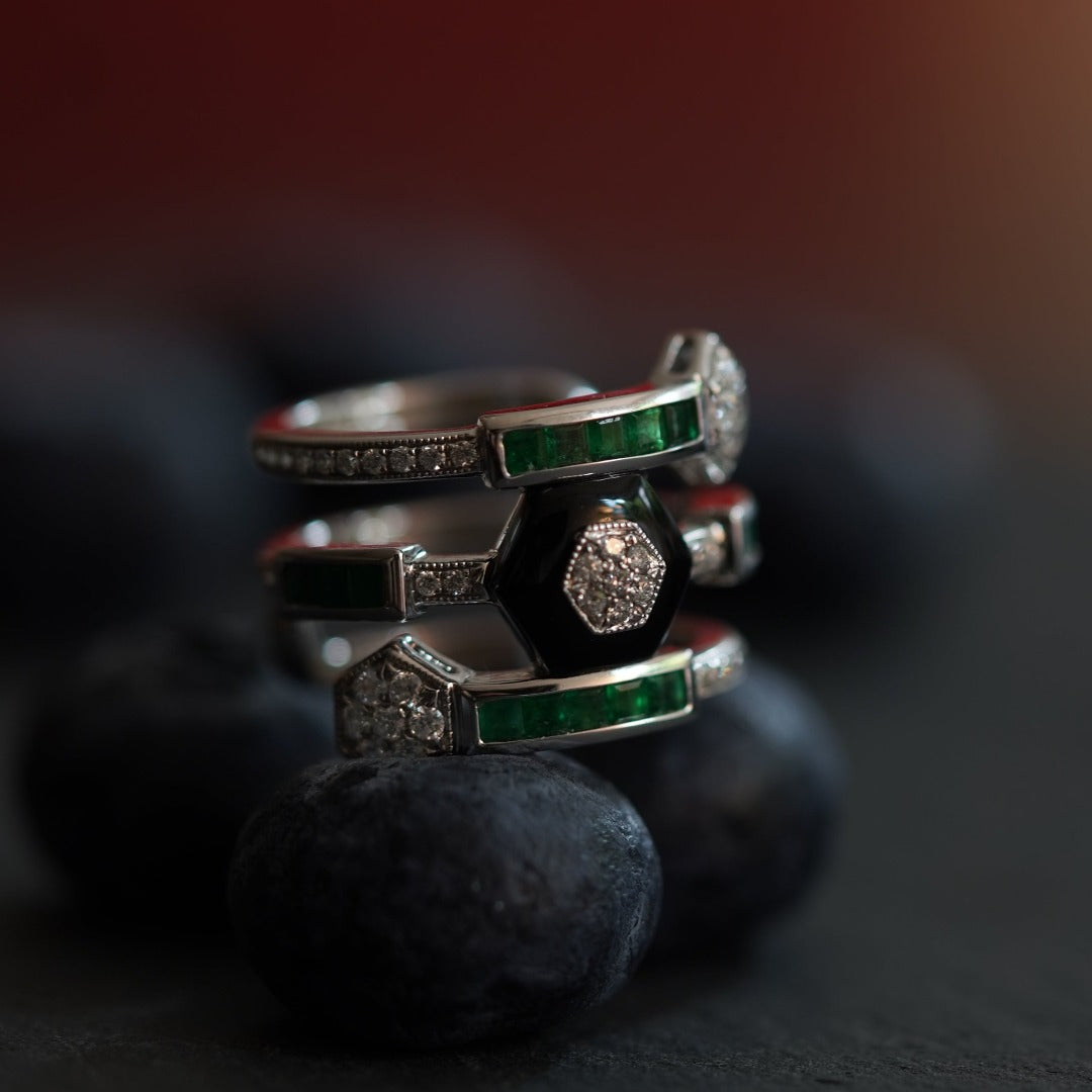 INFINITY - 18K White Gold Emerald Onyx and Diamond Ring