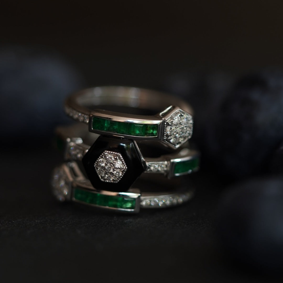 INFINITY - 18K White Gold Emerald Onyx and Diamond Ring