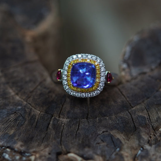 Load image into Gallery viewer, INFINITY - 18K White Gold Tanzanite Ruby and Diamond Ring
