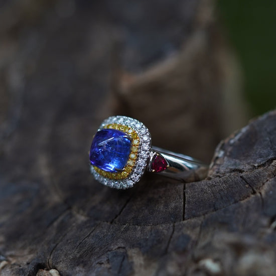 Load image into Gallery viewer, INFINITY - 18K White Gold Tanzanite Ruby and Diamond Ring
