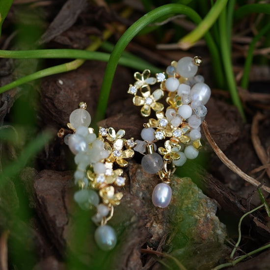 Jade Vine Jadeite White Turquoise Moonstone Mother of Peal Saltwater Pearl Earrings