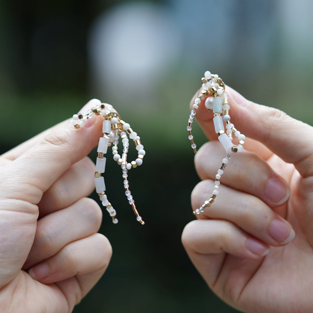 Load image into Gallery viewer, Jade Vine Jadeite and white stones tassel style earrings
