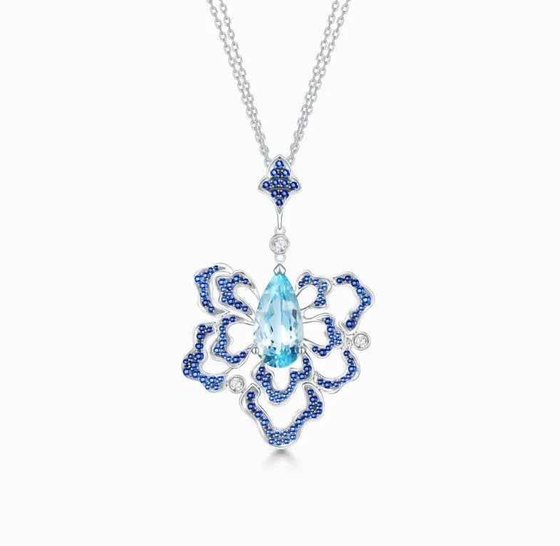 THIALH - FAUNA & FLORA - Aquamarine, Sapphire and Diamond in 18K White Gold Necklace
