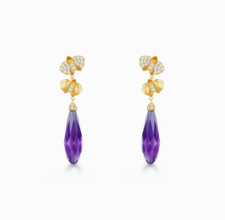 THIALH - FAUNA & FLORA - Amethyst and Diamond in 18K Yellow Gold Earrings
