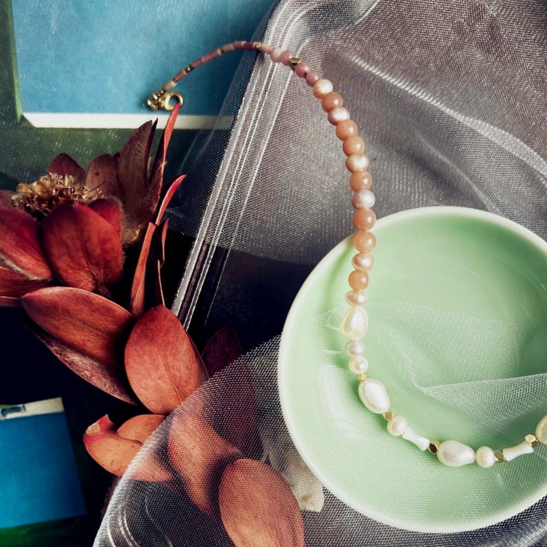 Jade Vine Pearl and pink stones choker necklace
