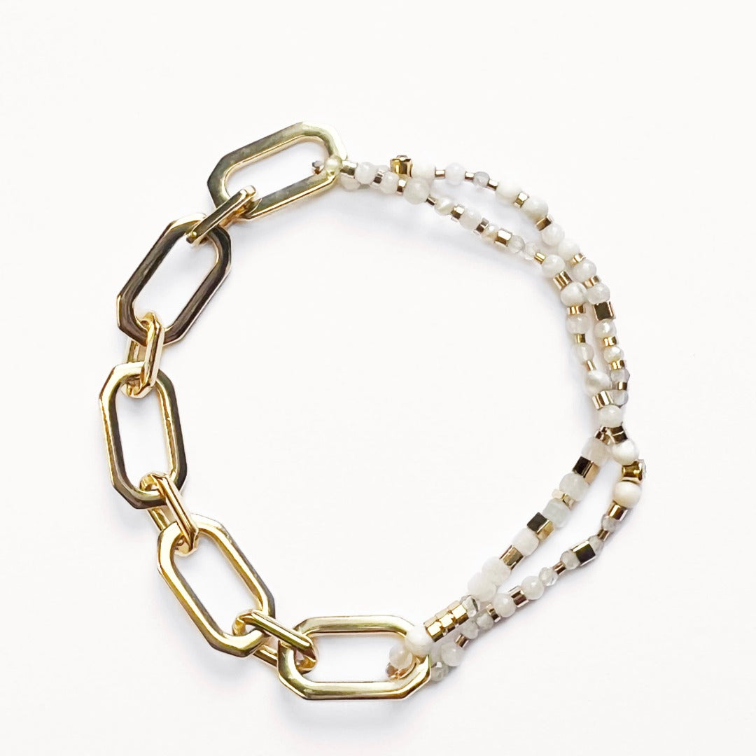 Natural stones fine beads art deco chain bracelet (lunar white)