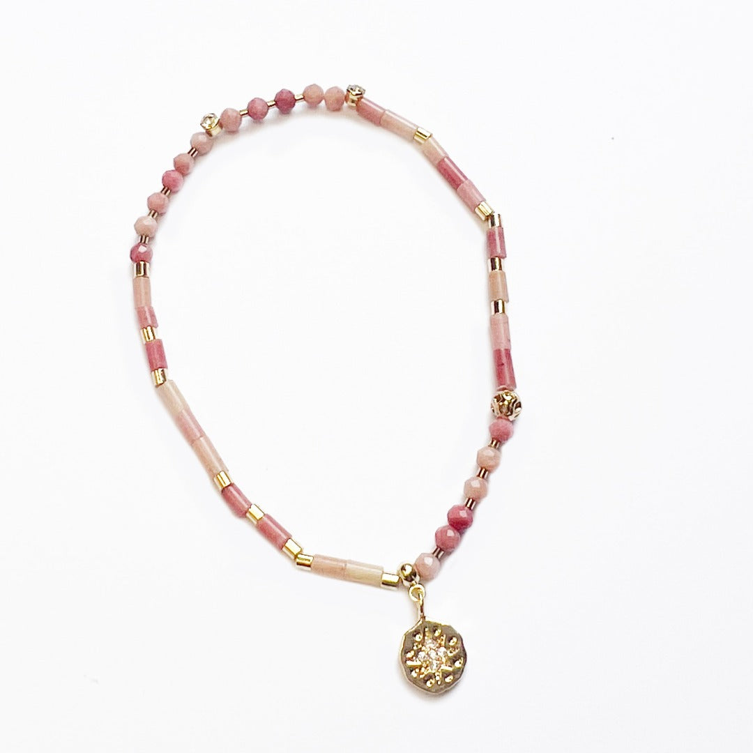 Natural stone fine beads pastel pink bracelet with star charm
