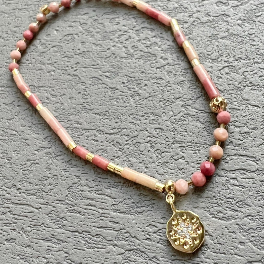 Jade Vine Natural stone fine beads pastel pink bracelet with star charm